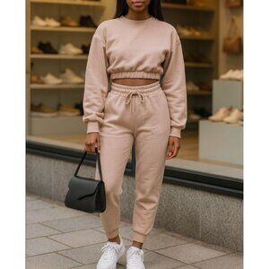 Zenana 2 Pcs Crop Sweatshirt Tracksuit Jogger Pants Set Outfit Active Loungewear
